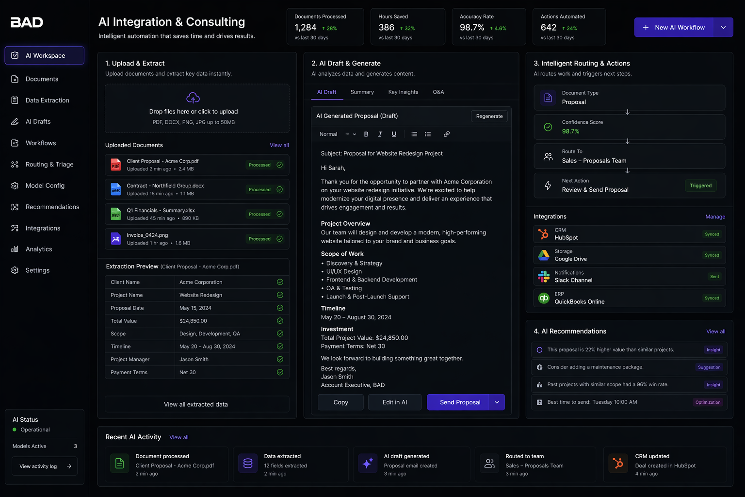 AI integration and consulting dashboard preview