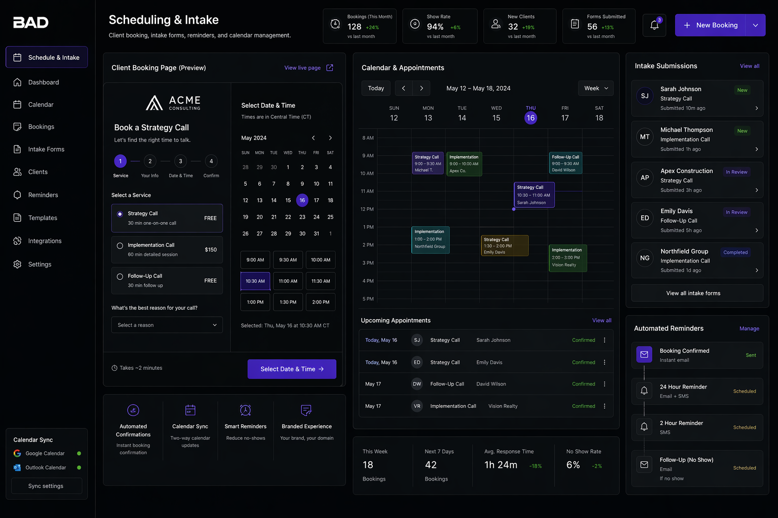 Scheduling and intake dashboard preview
